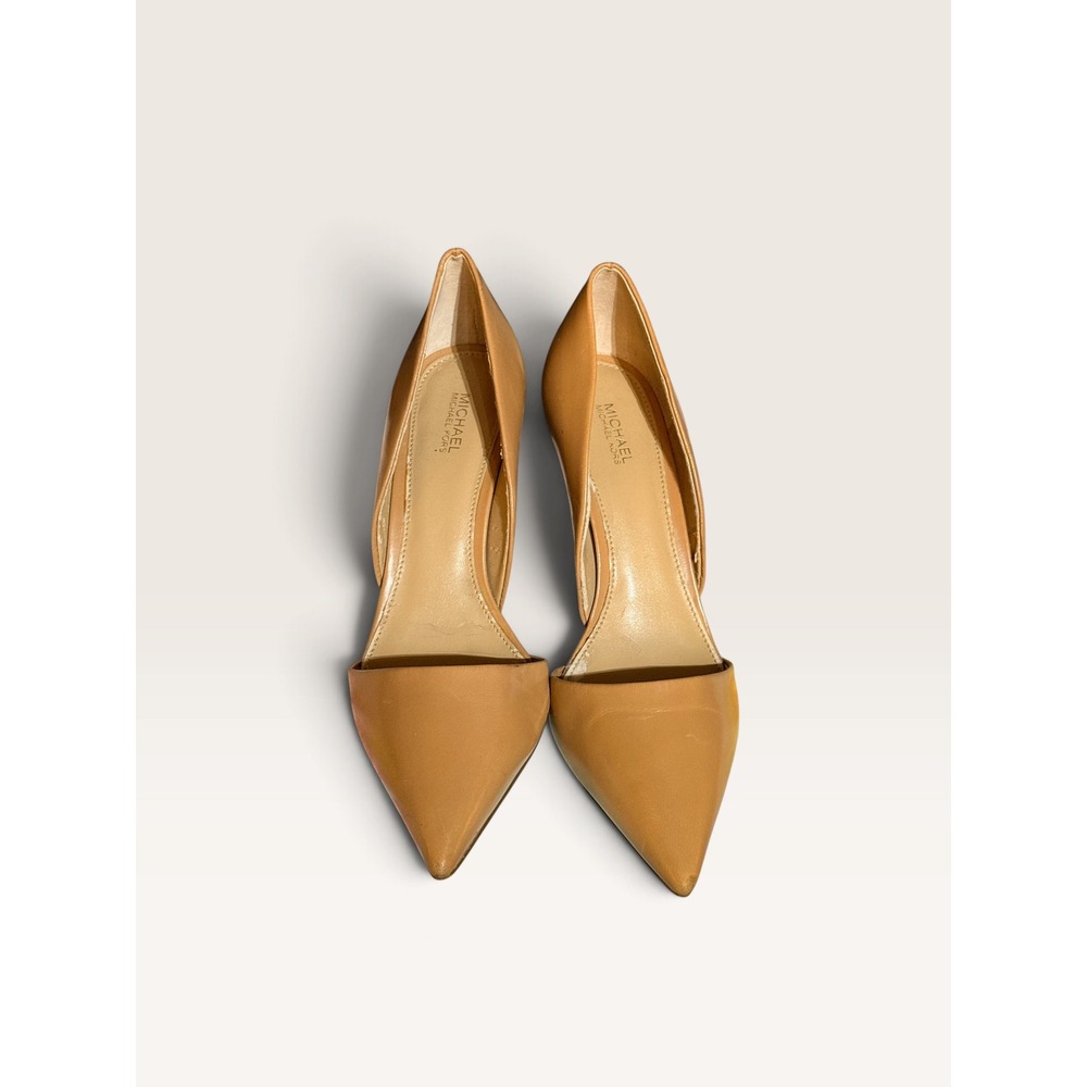 Michael Michael Kors Tan Leather Pointed Toe d'Orsay Pumps Gold Logo Heel